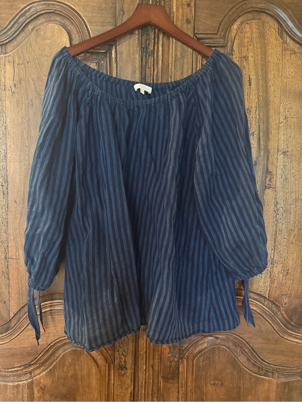 Ann Mashburn Striped Off-Shoulder Navy Blue Peasant Top